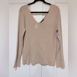 Shimmery gold rayon/nylon blend lightweight sweater runs more like a L